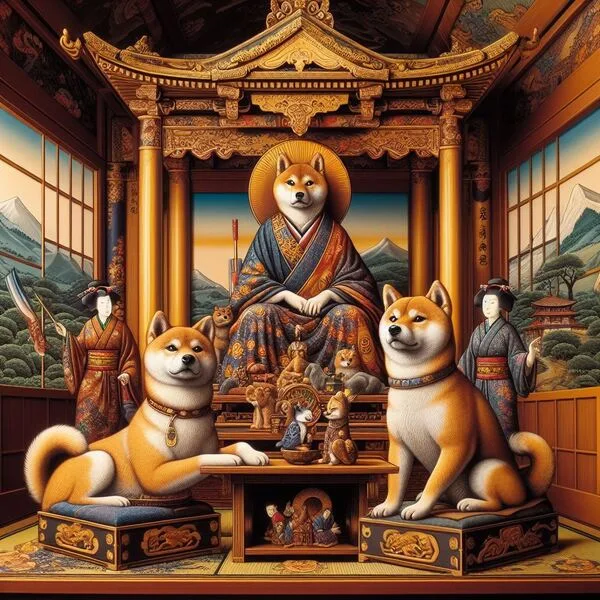 Ilustración de un Shiba Inu ancestral en el Japón antiguo