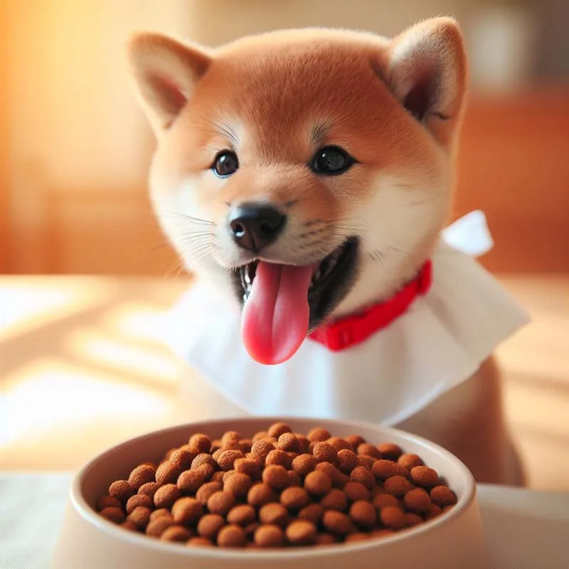 Cachorro de Shiba Inu comiendo de su comedero