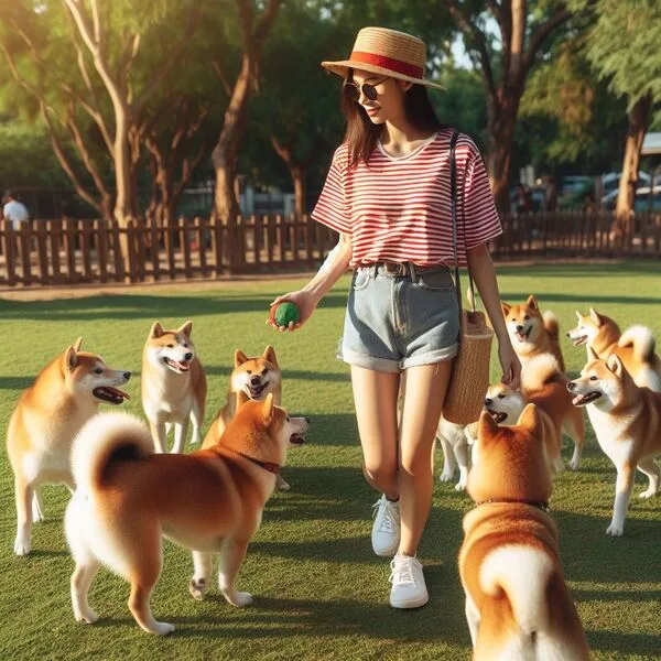 Entrenador canino trabajando con un Shiba Inu en un ejercicio de control territorial